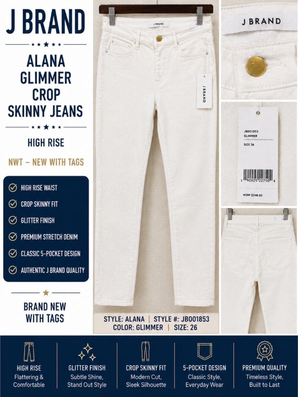 NWT J Brand Alana Glimmer High Rise Crop Skinny Jeans White Shimmer Size 26
